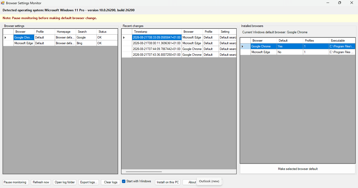 Browser Settings Monitor dashboard showing browser settings, recent changes and installed browsers