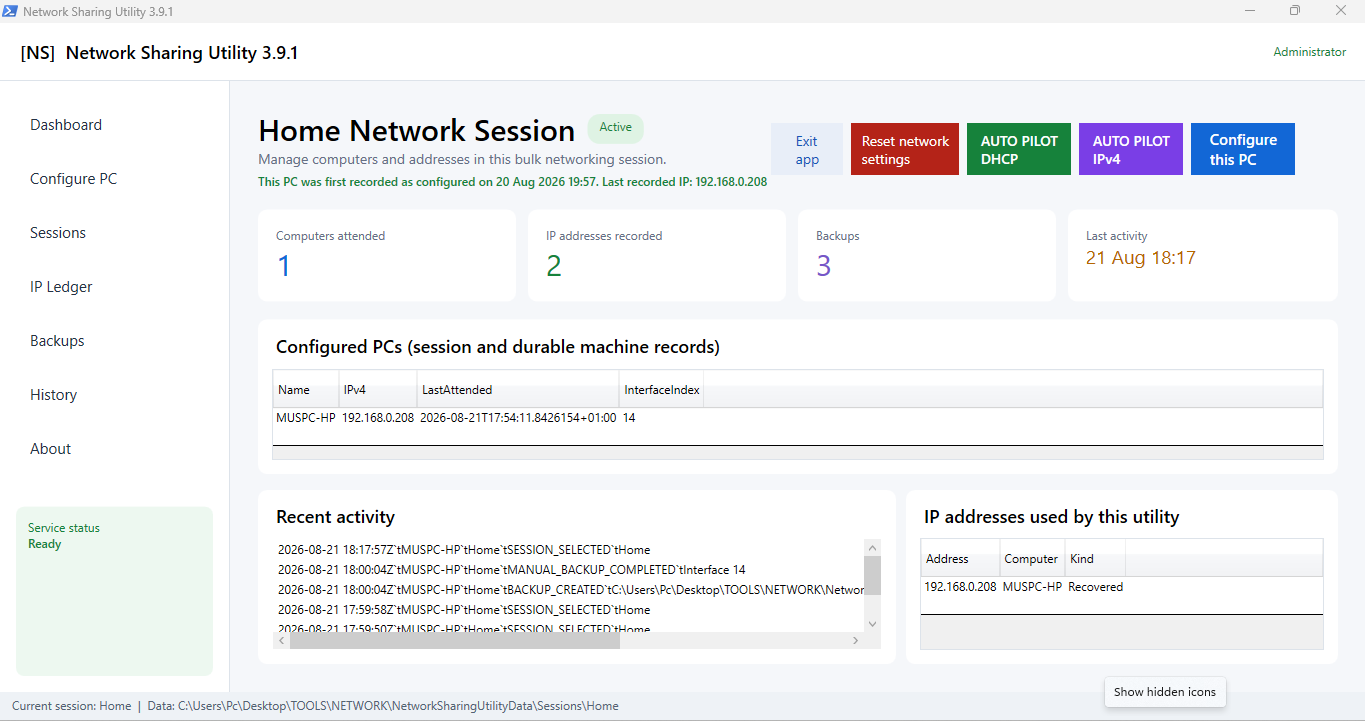 Network Sharing Utility dashboard showing sessions, configured PCs, backups and IP addresses