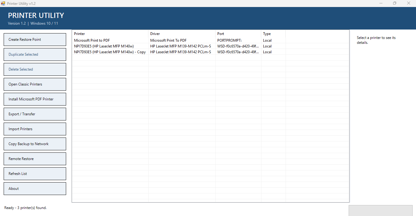 Printer Utility dashboard showing installed printers and printer management actions